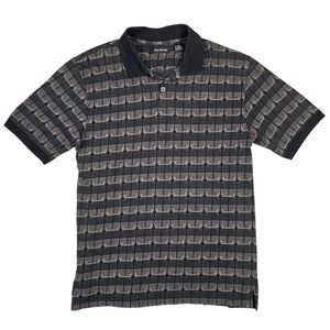 Marc Edwards Mens Polo Skater Grunge Shirt L Black Geometric Grid Short Sleeve